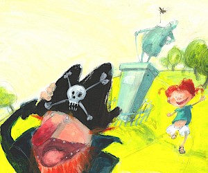 Illustration aus 'Verflixtes Piratenleben' (2000) Autor: Glenn Ringtved - Ein grumpeliger, alter Seeräuberkapitän geht an Land und vergrault jeden, der ihm zu nahe kommt - nur bei einem kleinen Mädchen klappt das nicht.