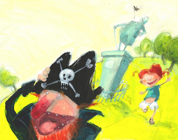 Illustration aus 'Verflixtes Piratenleben' (2000) Autor: Glenn Ringtved - Ein grumpeliger, alter Seeräuberkapitän geht an Land und vergrault jeden, der ihm zu nahe kommt - nur bei einem kleinen Mädchen klappt das nicht.