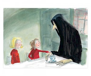 Ilustración de "¿Por qué, querida muerte ...?"  (2002);  Autor: Glenn Ringtved  Cuatro niños están sentados con la muerte en la cocina, quien ha llegado para llevarse a su abuela consigo.  La muerte les cuenta a los niños un cuento de hadas sobre la tristeza y la alegría, y para explicarles que la muerte es parte de la vida.