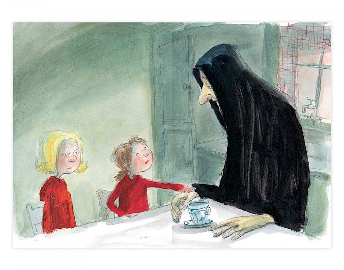 Illustration aus 'Warum, lieber Tod…?' (2002) Autor: Glenn Ringtved - Vier Kinder sitzen mit dem Tod in der Küche. Er ist vorbeigekommen, um ihre Großmutter mitzunehmen. Der Tod erzählt den Kindern ein Märchen über Trauer und Freude, um ihnen zu erklären, dass der Tod zum Leben gehört.
