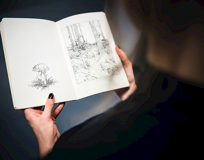 Sketchbook with nature motifs, drawn with pen and ink. Partly the drawings were created with templates from walks in the forest, partly they are freely imagined. (Photo: Michael Orth)