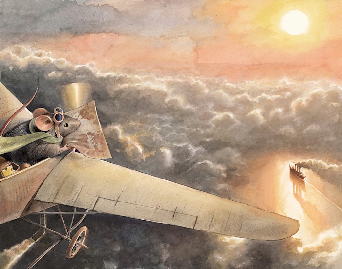 Ilustración de "Lindbergh. La increíble aventura de un ratón volador", publicado en 2014 en la editorial Juventud