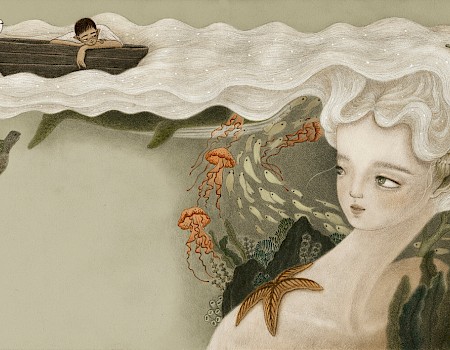 Illustration aus "The Fisherman and his Soul": "But when the wind blew to the shore, the fish came in from the deep, and swam into the meshes of his nets, and he took them to the marketplace and sold them."