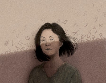 Yoko Tawada Portrait; an illustration for The New Yorker for "The Novelist Yoko Tawada Conjures a World Between Languages."