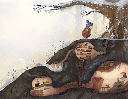 Illustration "Skovnisse" from "Trolle, Wichtel, Pixies und WALDWESEN aus aller Welt", published 2020 by Bohem