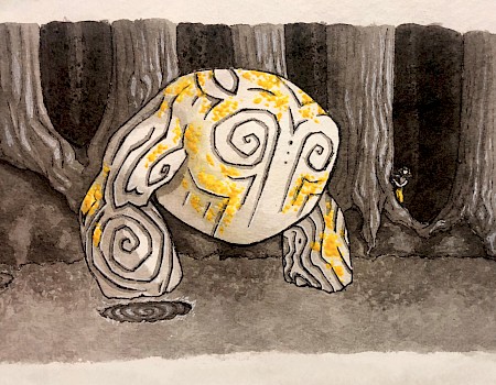"Marie finds a Golieth - Getting back to some more inks of my character Marie, this time she’s watching a great stone golem wandering past."
